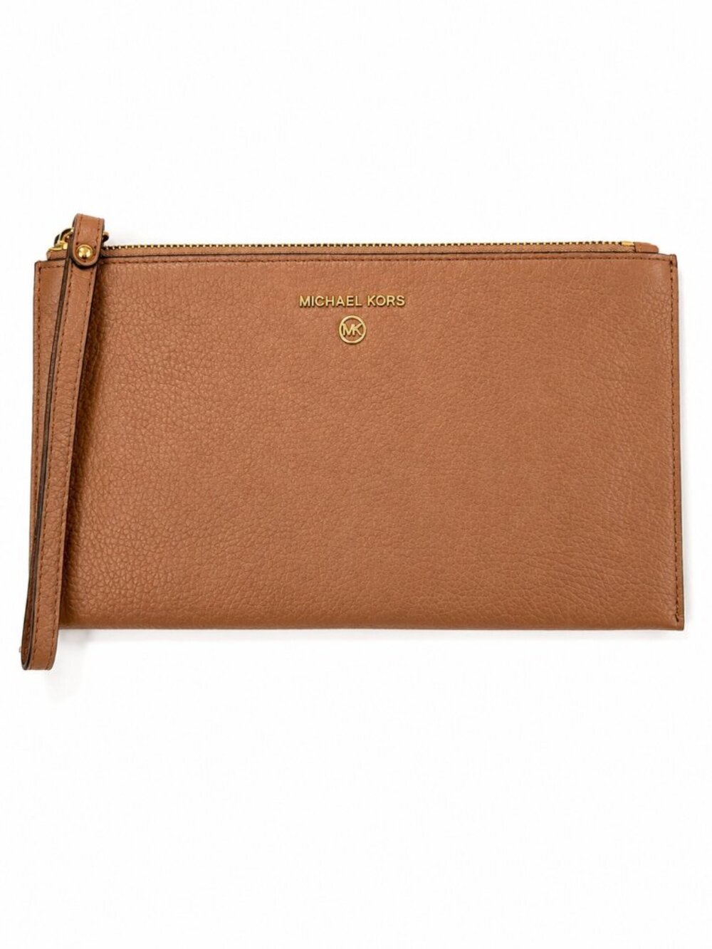 Michael Kors Taupe Pebbled Leather Wristlet Clutch Wallet Gold Logo NWOT - Picture 2 of 4